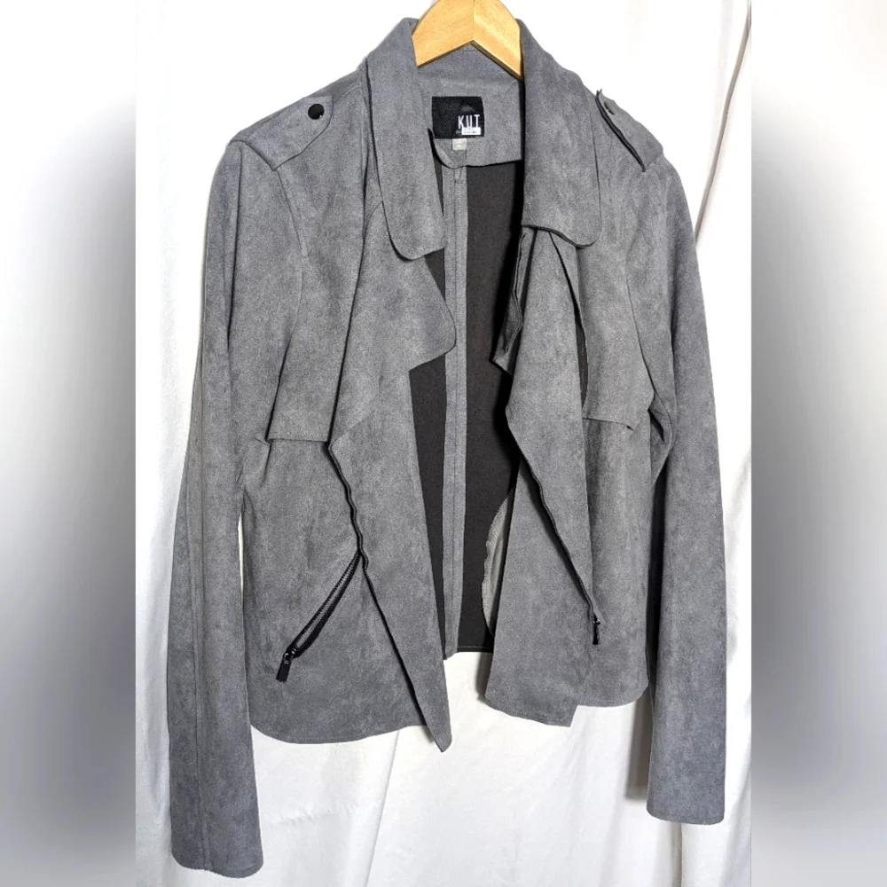 Women's Kut from the Kloth Jacee Draped Gray Faux Suede‎ Moto Jacket | Size XL